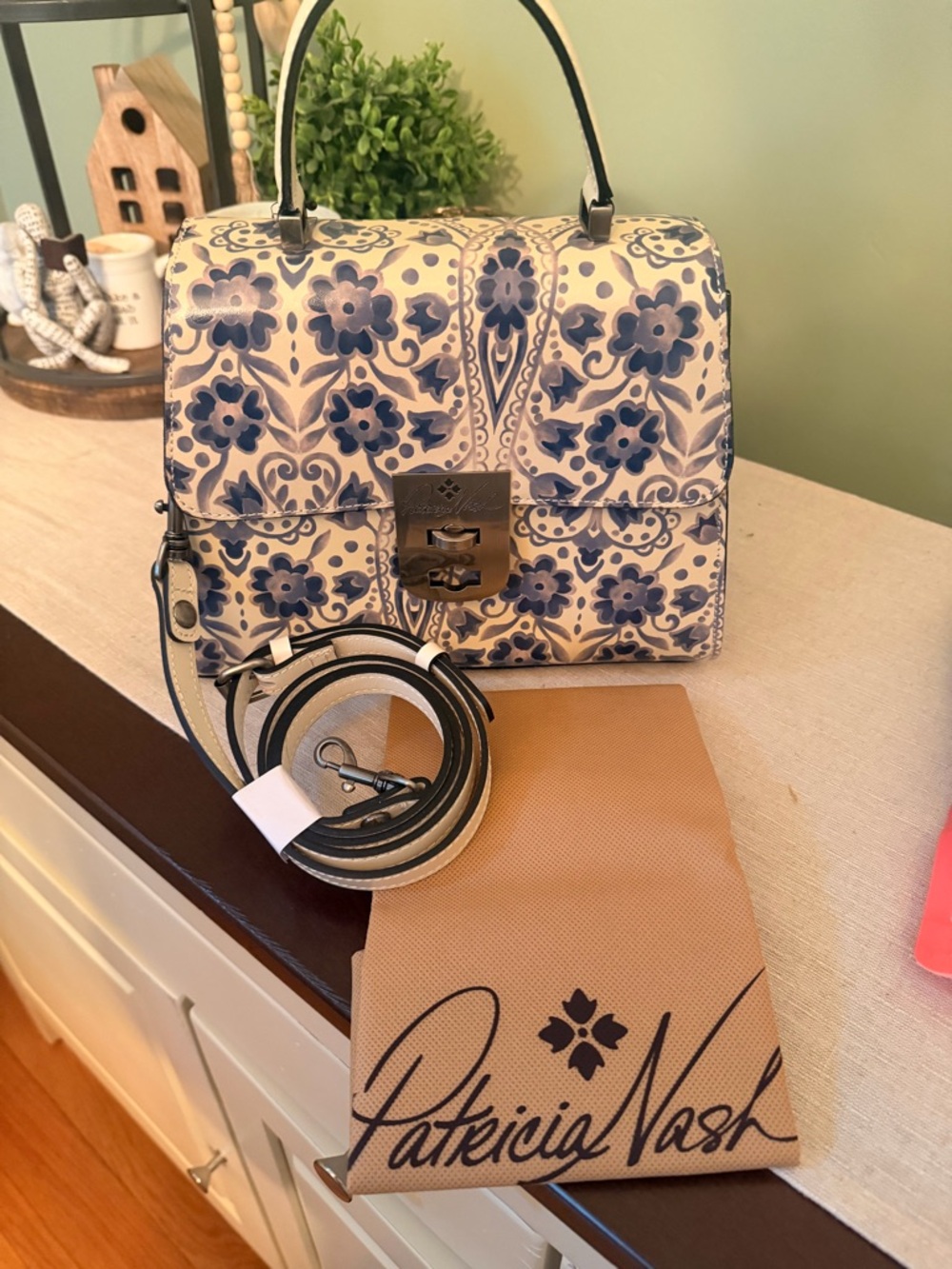 Patricia Nash Cream and Blue Floral Leather Satchel with Removable Strap